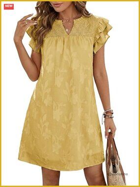 Ruffle Short Sleeve V Neck Smocked Floral Burnout Mini Dress Sundress